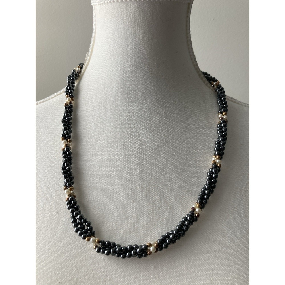Vintage Black Hematite Tone Double Strand Bead Necklace Gold Tone Twisted